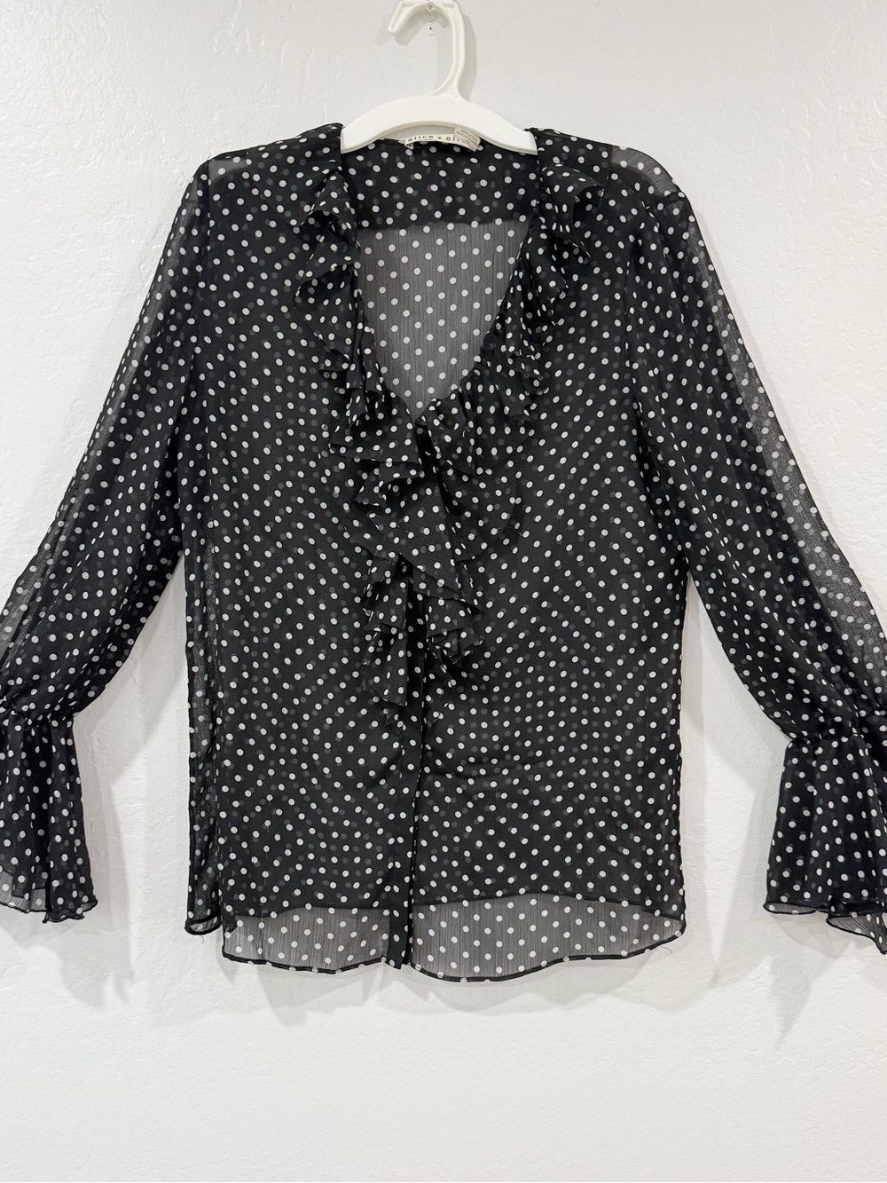Alice + Olivia Black Sheer Polka Dot Ruffle Blouse